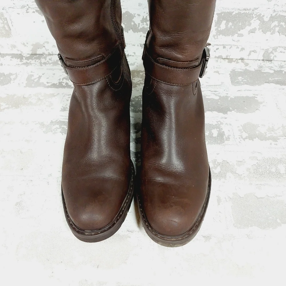 Blondo Valente Brown Leather Elastic Panel Buckle Detail Riding Boots H684